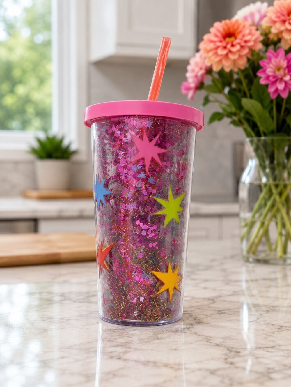 Deluxe 20 oz. Starburst Glitter Tumbler w/ Straw Double Wall BPA Free New